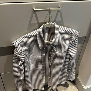 Cotton button down blue and white stripe with ruffle shoulder